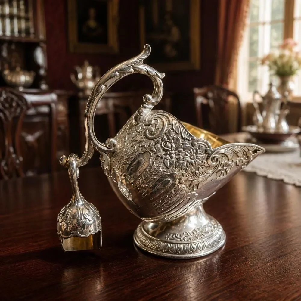 vintage silver-plated sugar scuttle with a matching mini scoop